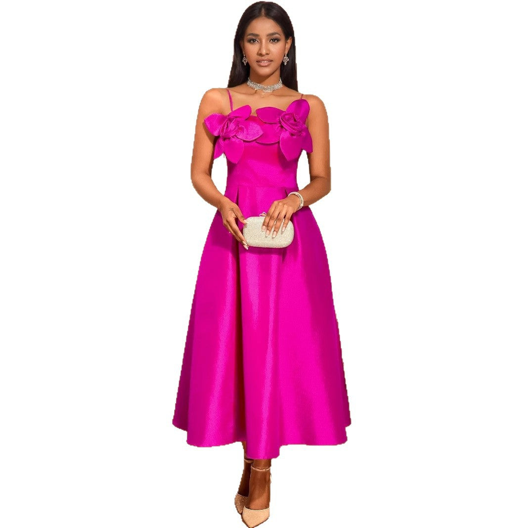 Sexy Sling Three-dimensional Flower Dress Banquet Dresses