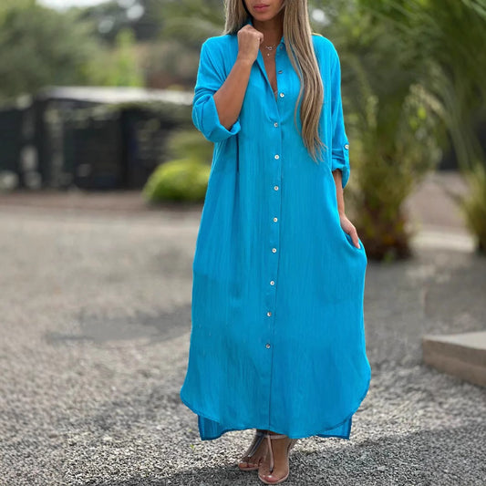 Women's Dress Cotton Linen Shirtdress Fashion Casual Cardigans