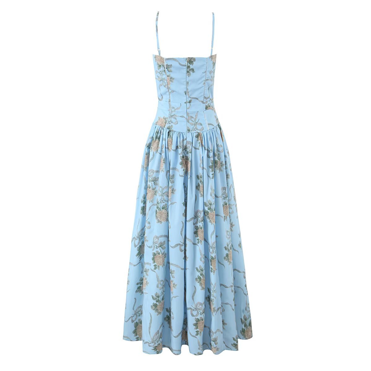 Women's Sky Blue Vintage Rose Print Mid-length Sundress Dresses