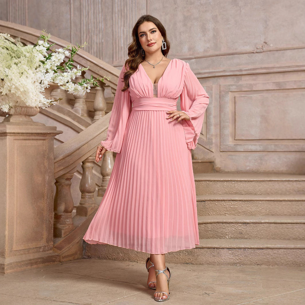 Women's Dress Sexy Pleated Long Sleeve Chiffon Plus Size