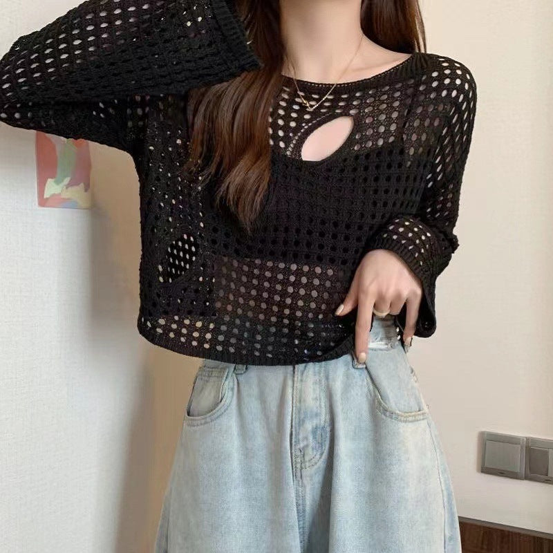 Women's Design High-grade Summer Hot Slimming Cutout Long Sleeve Ripped Women's Sweater
