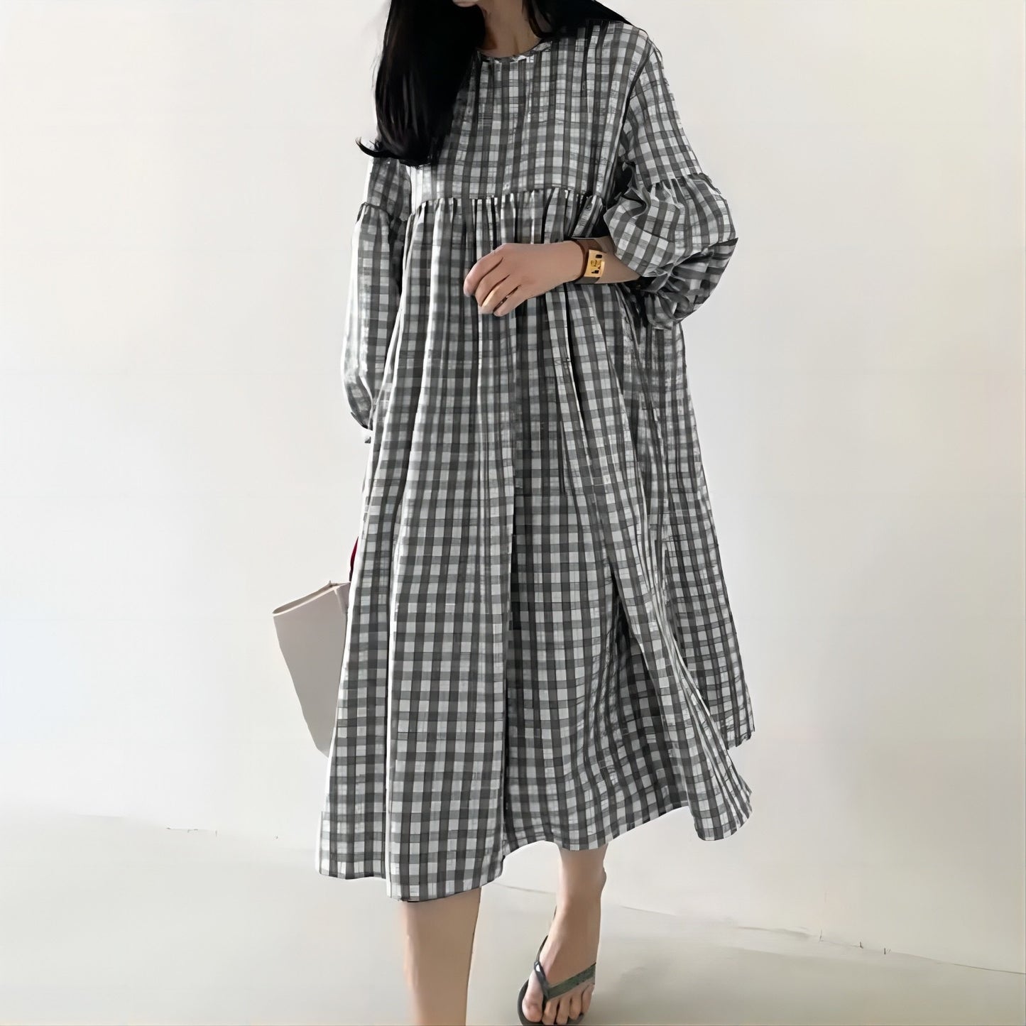 Women's Casual Plaid Puff Sleeve Round Neck Dress