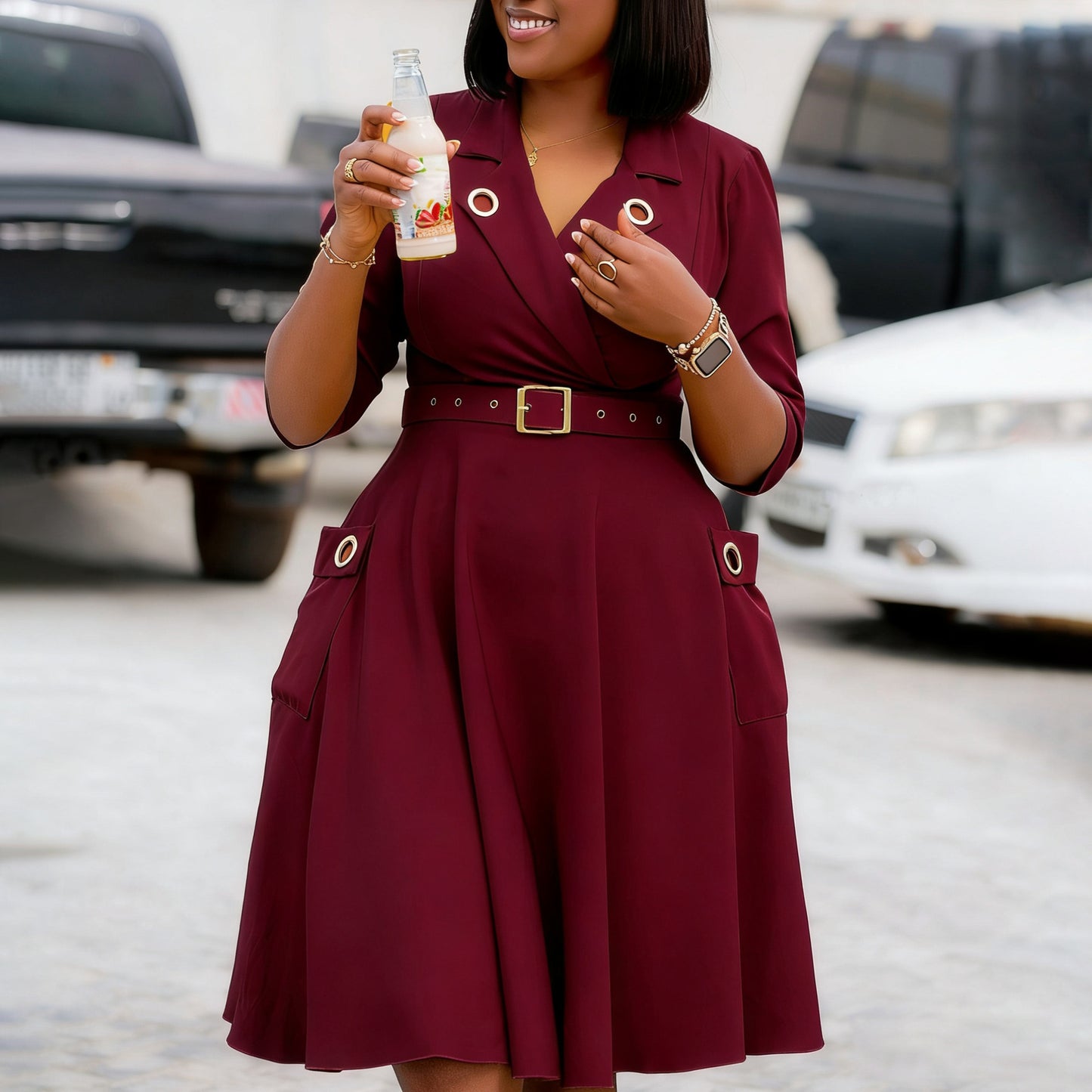 Waist Tight Business Graceful Fashionable Solid Dress