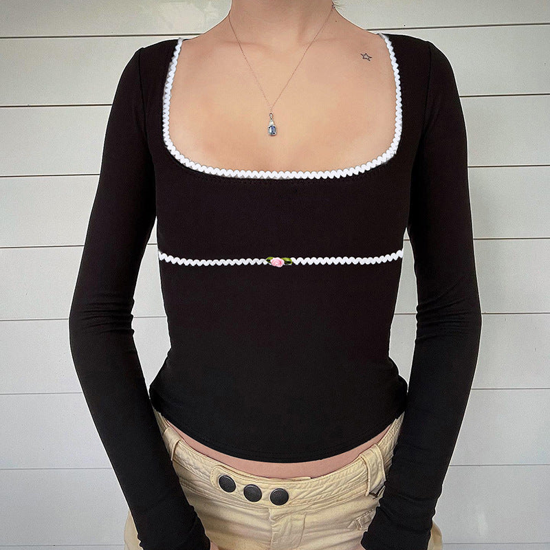 Stitching Breasted Square Collar Sweet Pleated Blouses