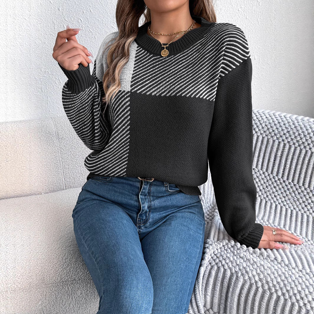 Women's Casual Contrast Color Plaid Long Sleeve Sweater