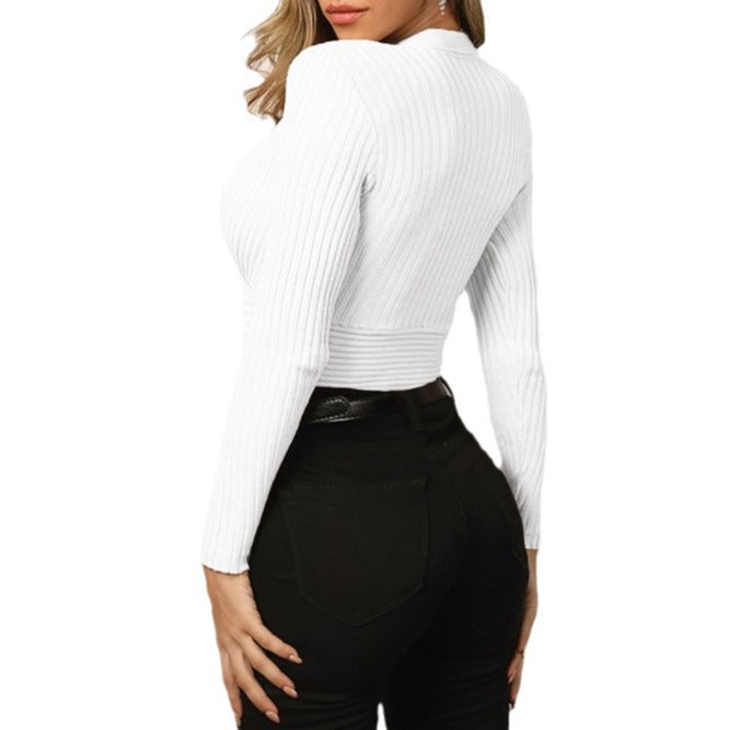 Women's Low-cut Deep Long Sleeve Sunken Stripe Blouses