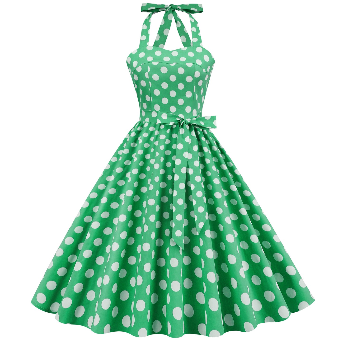 Hepburn Style Retro Dots Backless Halter Swing Puffy Dress Dresses
