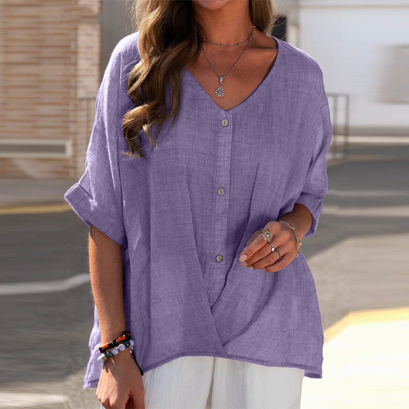 Women's Cotton Linen Pullover Sleeve Loose Shirt Blouses