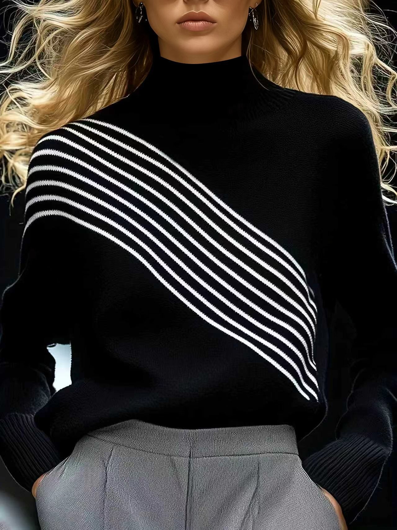 Women's Striped Contrast Color Turtleneck Fashion Simple Sweaters