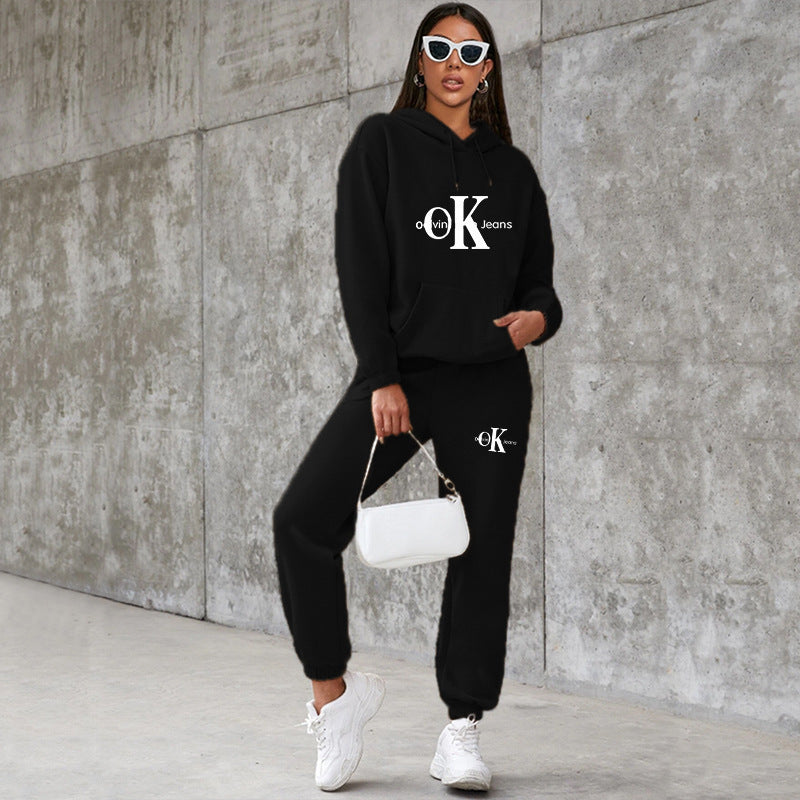 Women's American Style Loose Hooded Printed Veet Padded Fashion Casual Suit