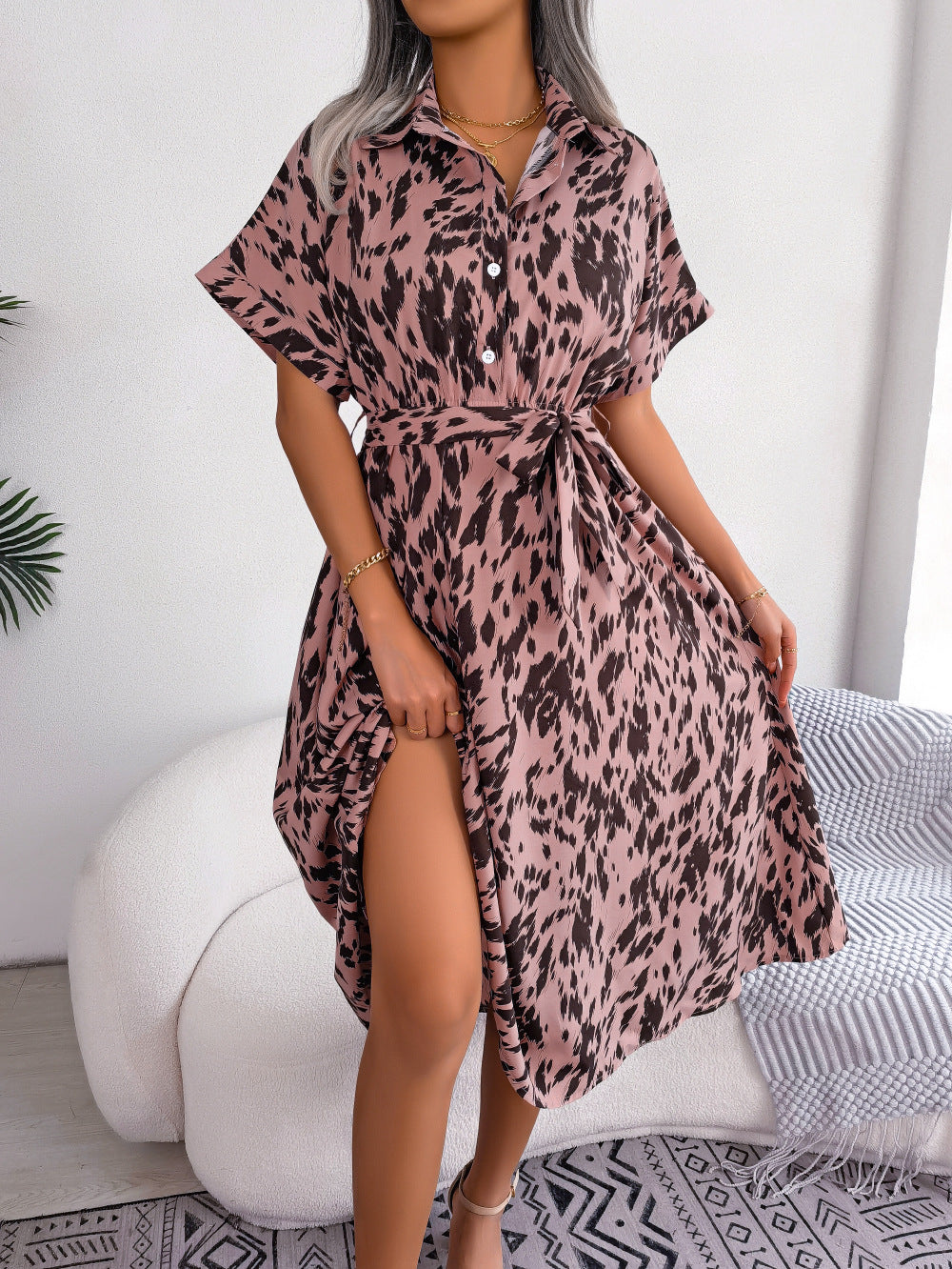 Women's Casual Loose Leopard Print Shirt Dress Dresses