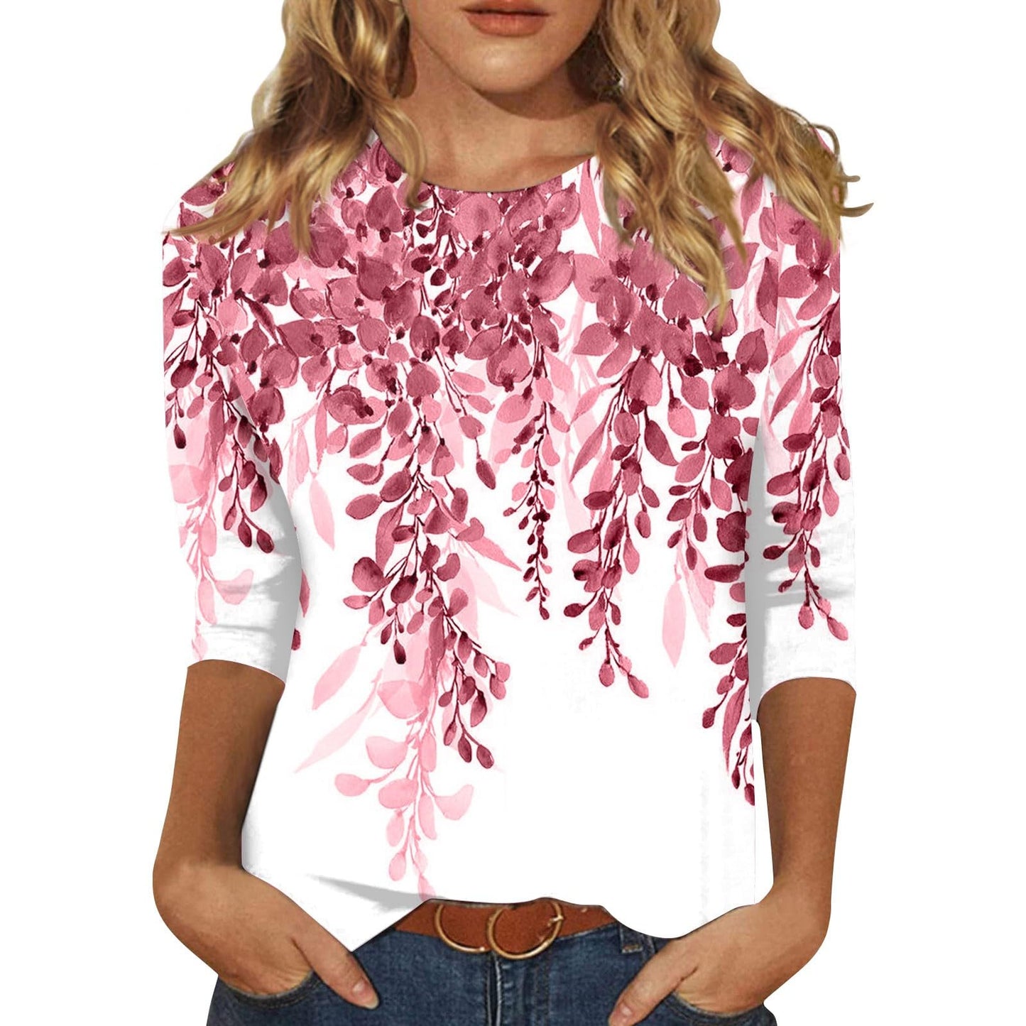 Women's Printed Sleeves Loose Crew Neck Casual Blouses