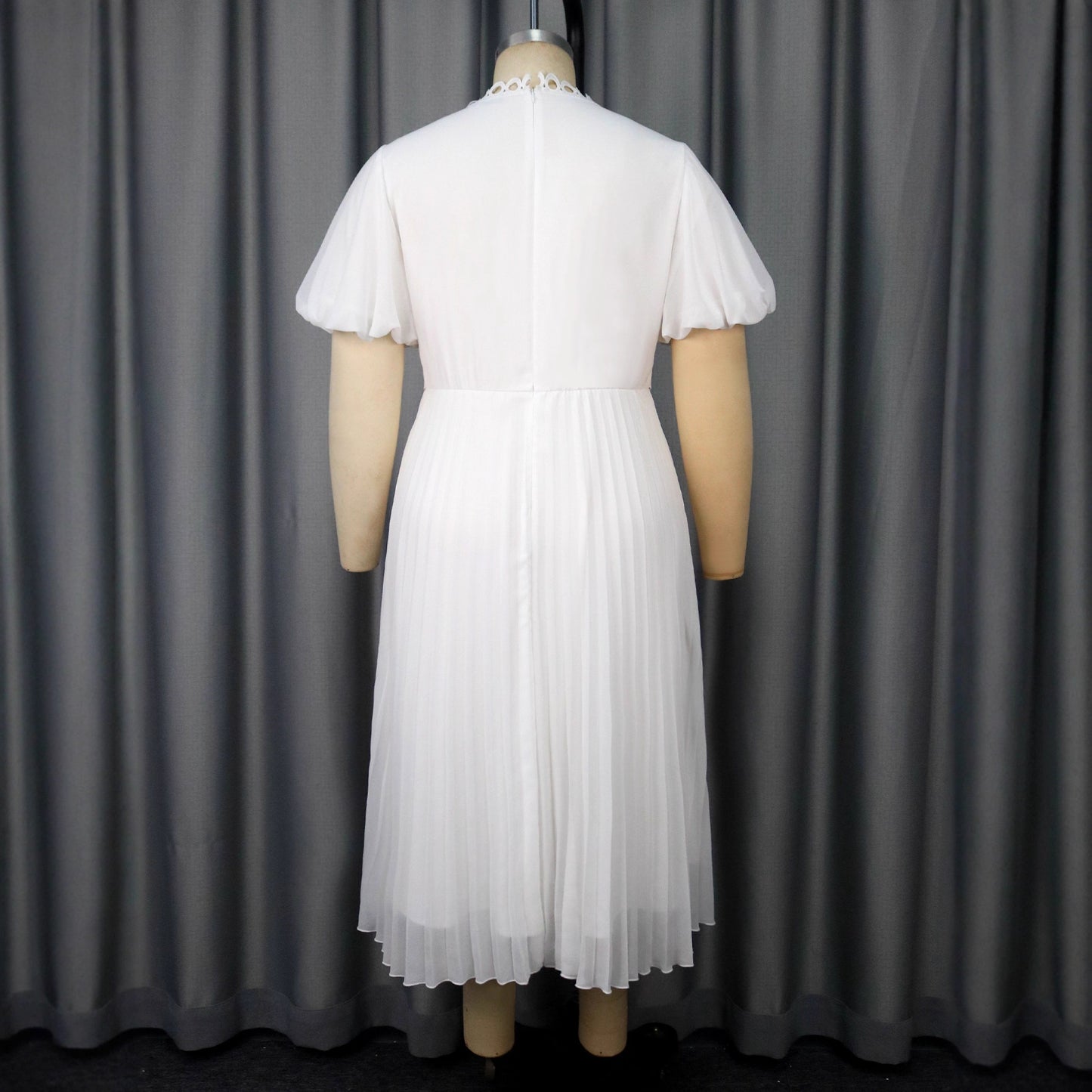 Women's Hollow Dress Puff Sleeve Rhinestone Buckle Pleated Dresses