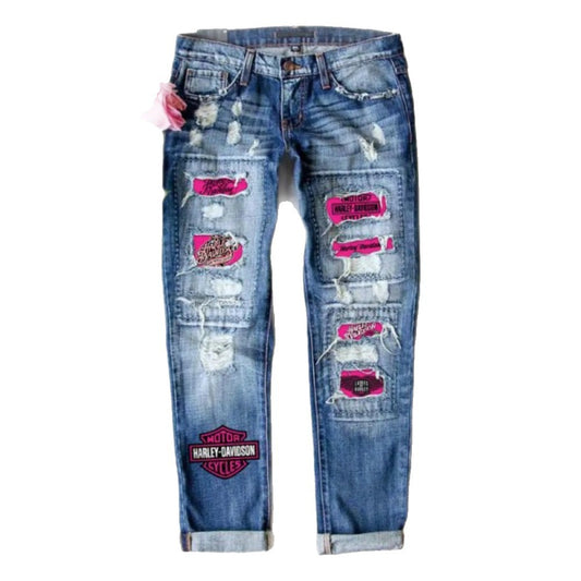 Women's Fashion Holes Printed Patch Straight Jeans