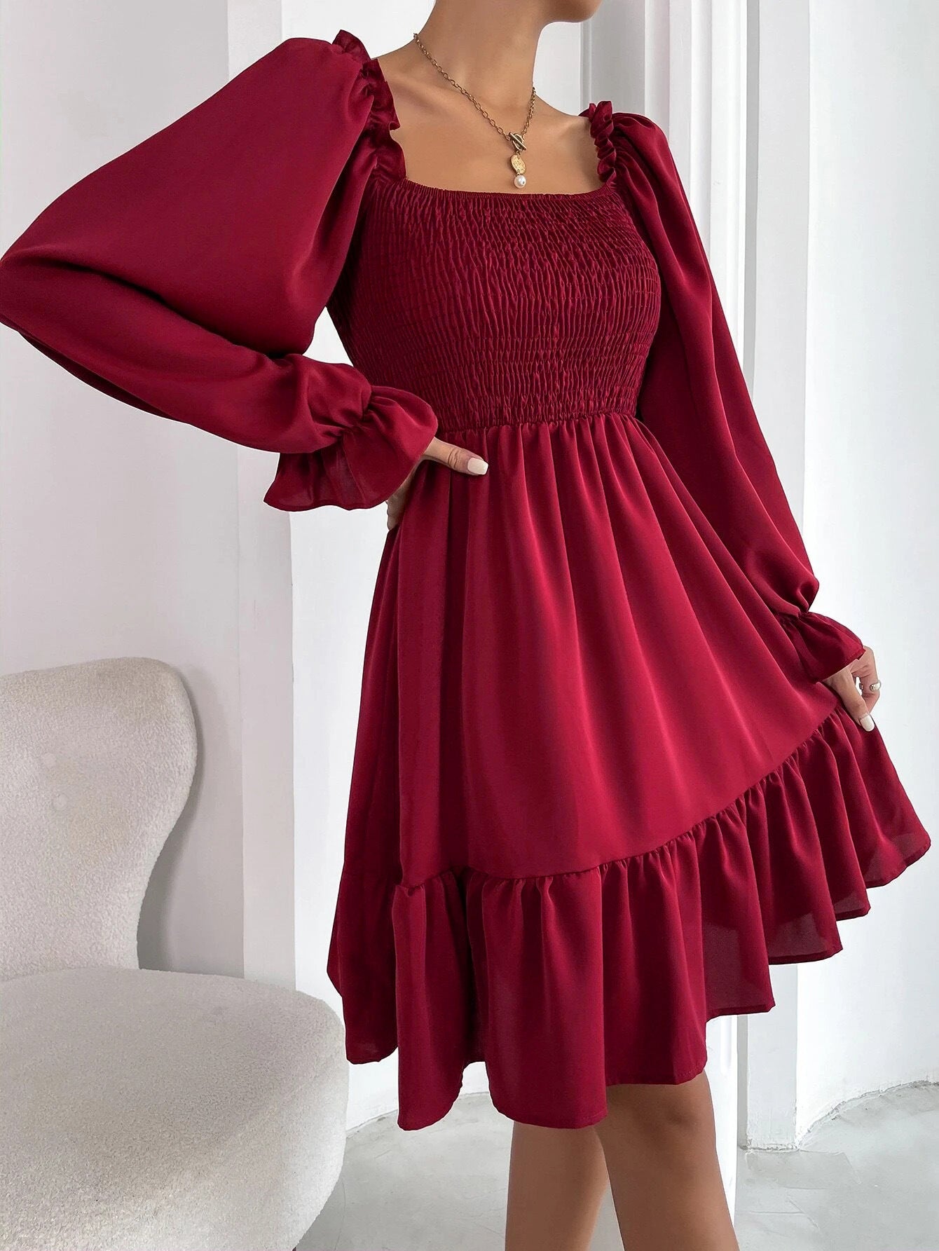 French Simplicity Square Collar Parallel Ruffled Dresses