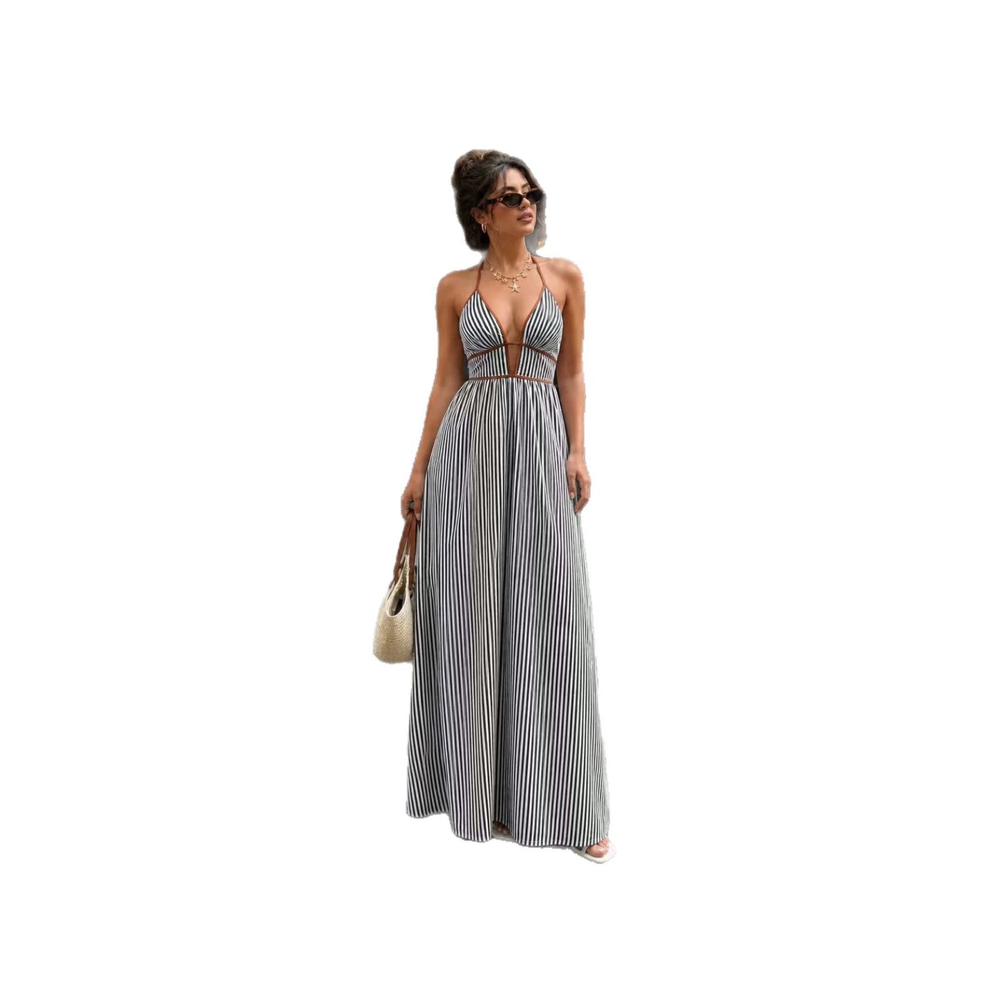 Summer Deep Striped Holiday Backless Sleeveless Dress