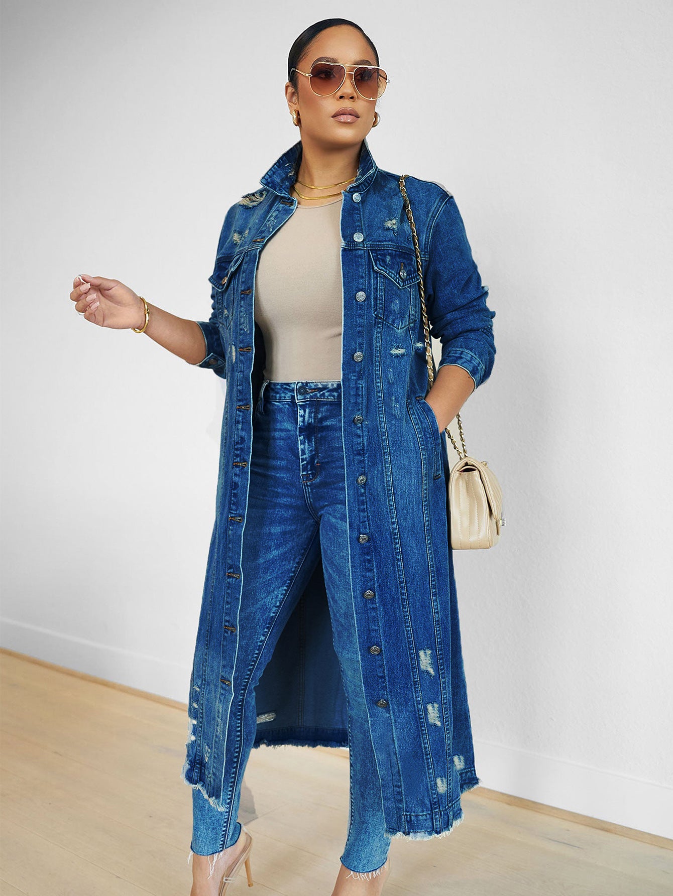 Women's Ripped Denim Real Pocket Long For Jackets