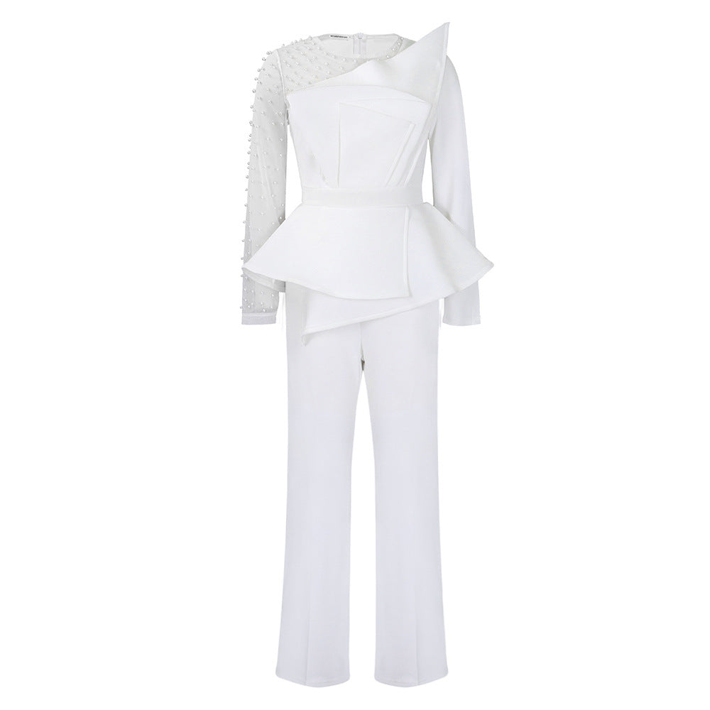 Long Sleeve Temperament Mesh Splicing Beads Jumpsuits