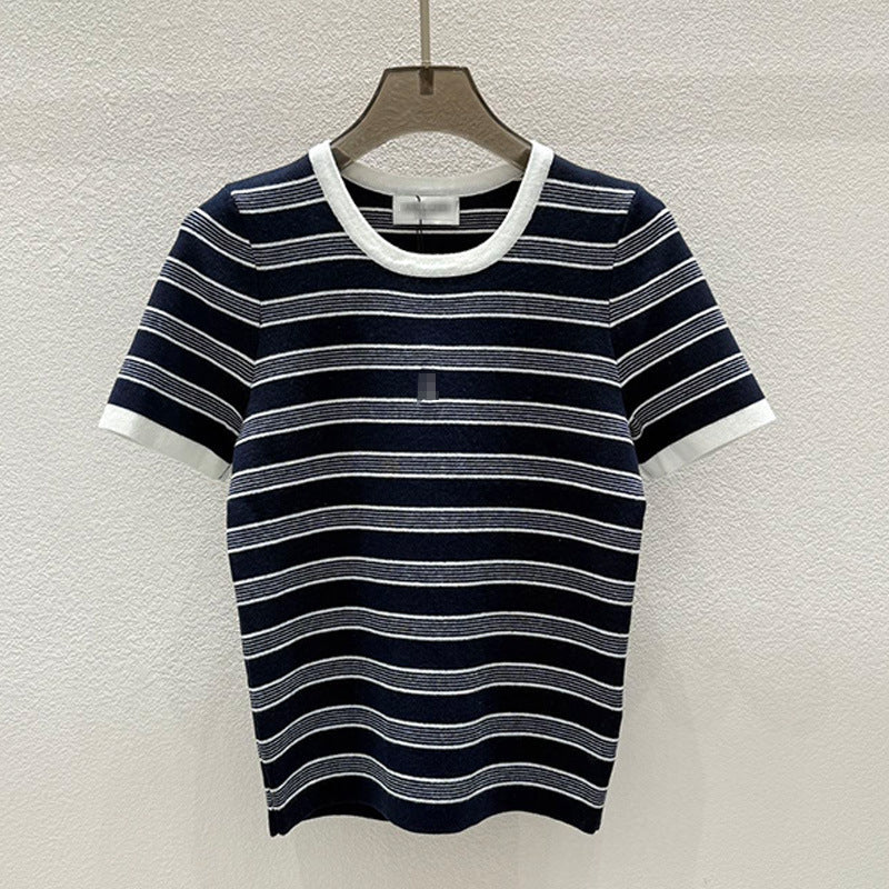 Women's Blue White Gray Knitted Striped Round Neck Shorts