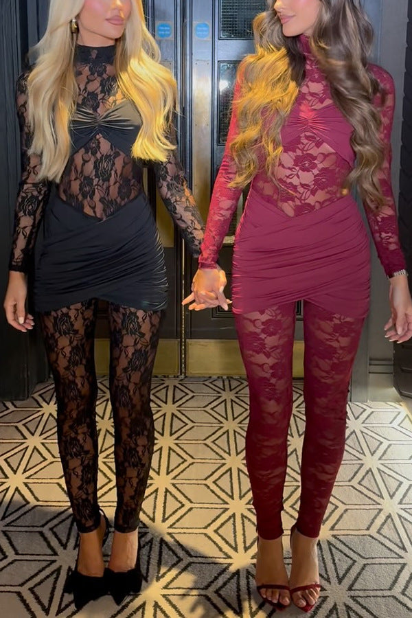 Women's Fashion Sexy Nightclub Mesh Lace Hollow Jumpsuits