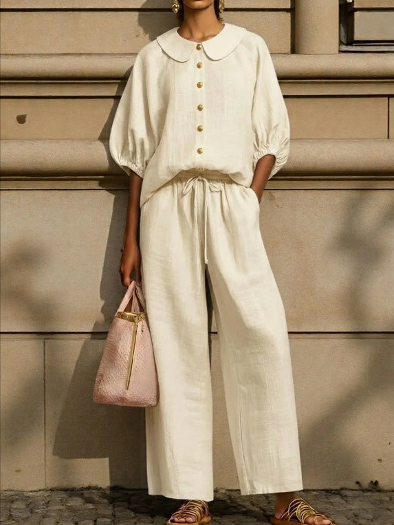 Women's Cotton Linen Lantern Sleeve Shirt Drawstring Fashion Casual Suit