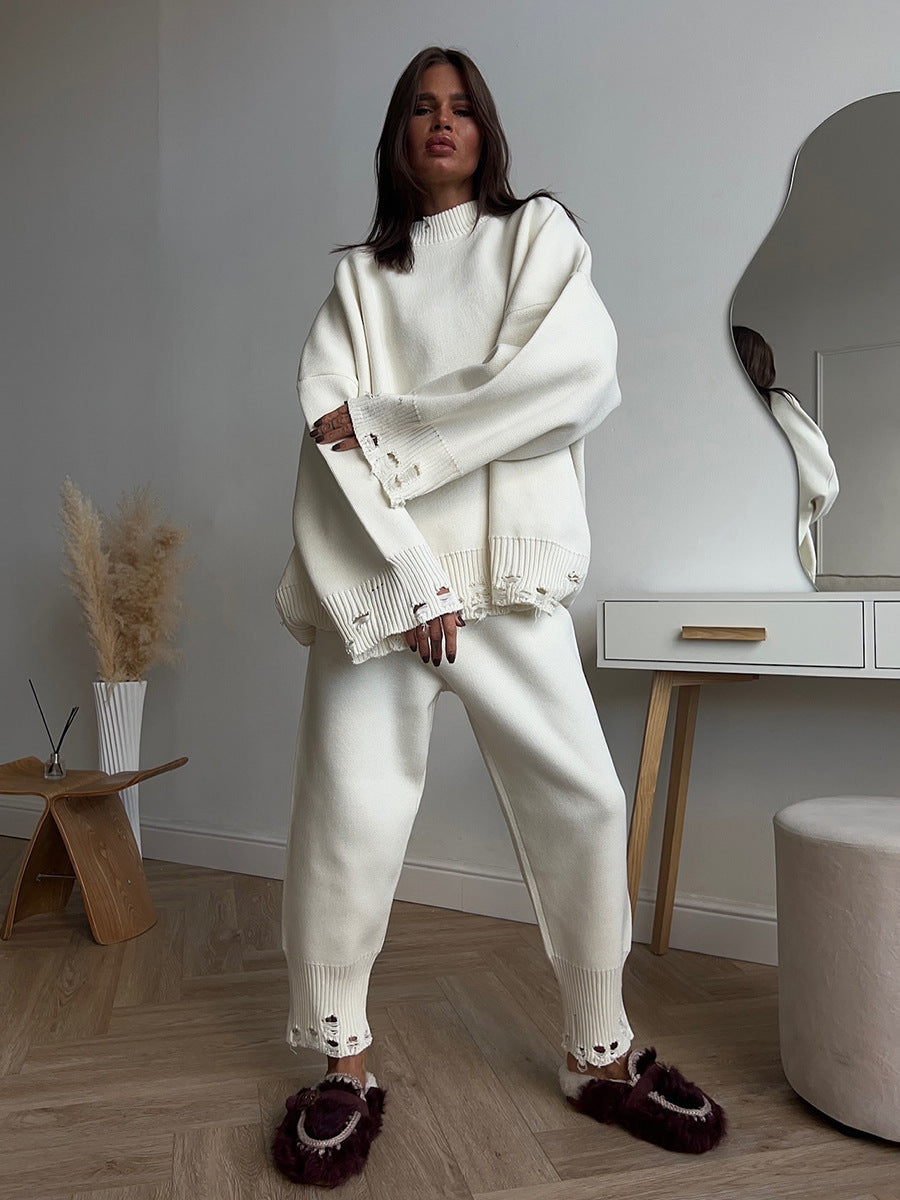 Ripped Female Knitted Ankle Tight Round Suits
