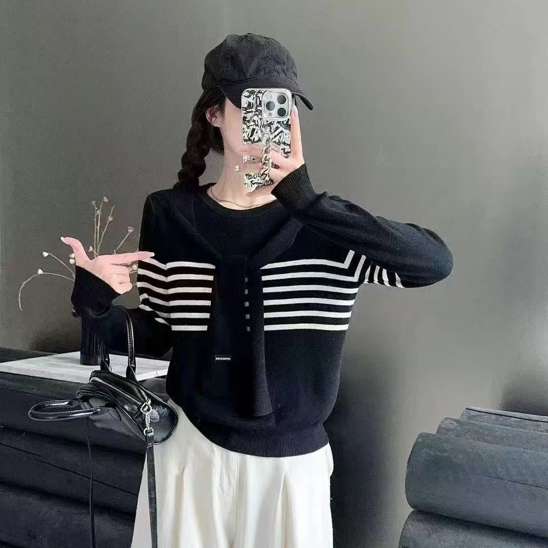 Niche Trendy Long Sleeve Striped Shawl Fake Two-piece Knitted Tops