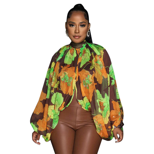 Women's Lace Printing Chiffon Shirt Batwing Sleeve Blouses