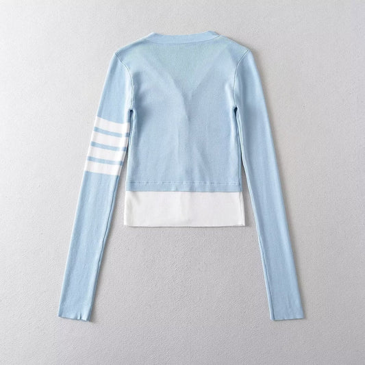 Hot Thin Striped Slimming Patchwork Fake Knitwear