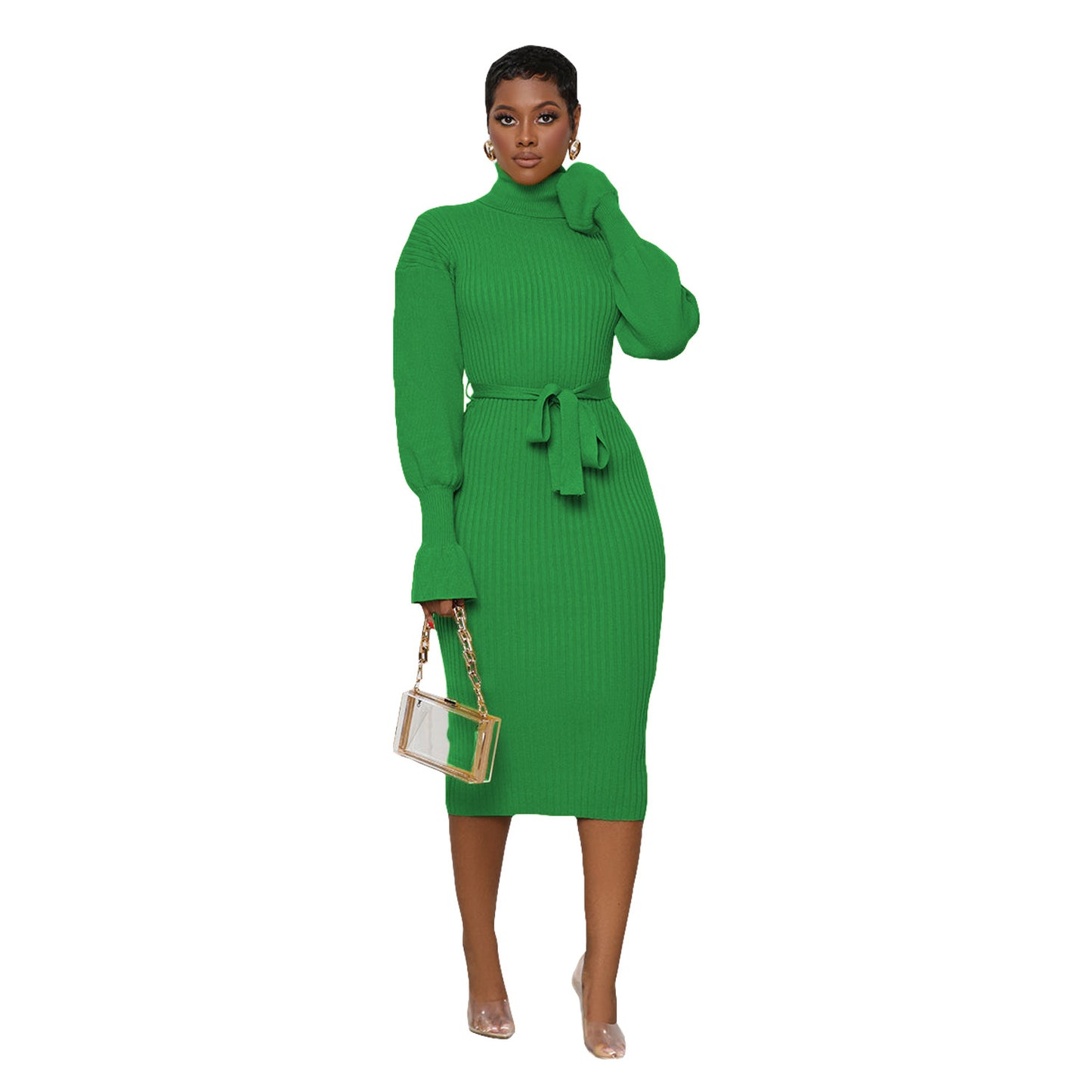 Women's Solid Color Turtleneck Knitting Tied Dress Dresses