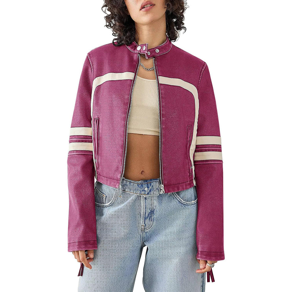 Women's Fashion Leather Color Contrast Patchwork Midriff Jackets