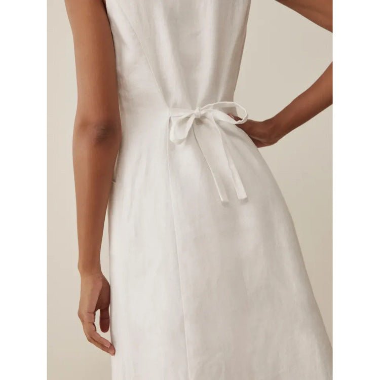 Women's White Collar Sleeveless Waist Mid-length Dress Dresses