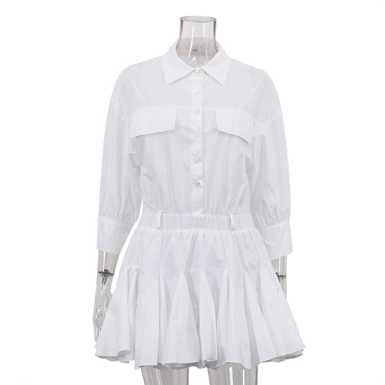 Women's Casual A- Line Dress Cotton Lapel Sleeve Dresses