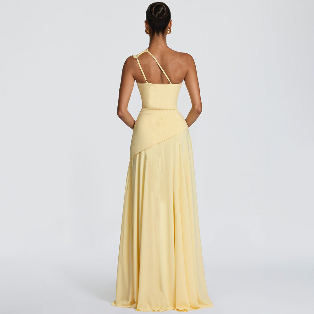 Women's Summer Fashion Diagonal Collar Sleeveless Waist Pleated Stitching Dress