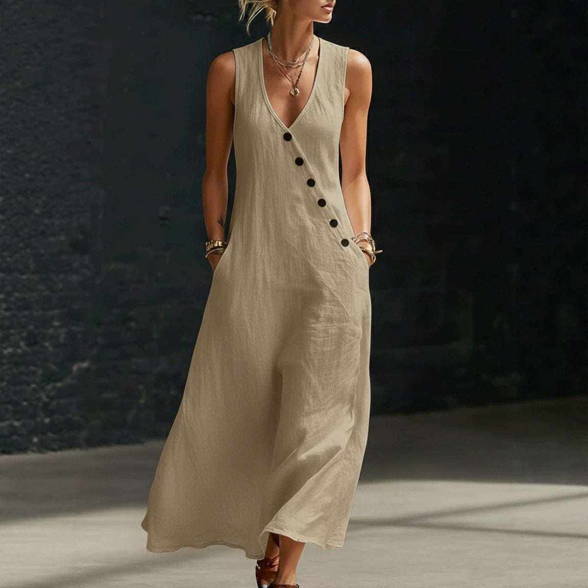 Idle Style Double-breasted Cotton Linen Sleeveless Dress