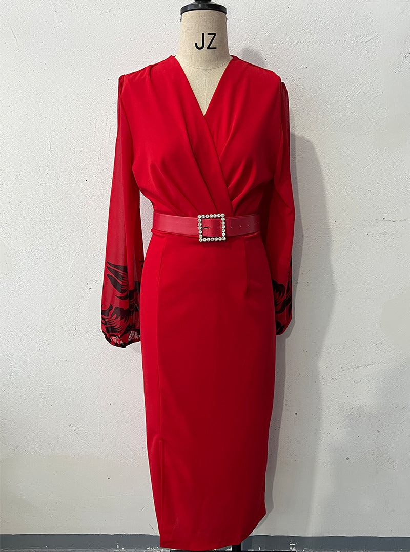 Women's Long-sleeved Printed Belt Split Dress Dresses