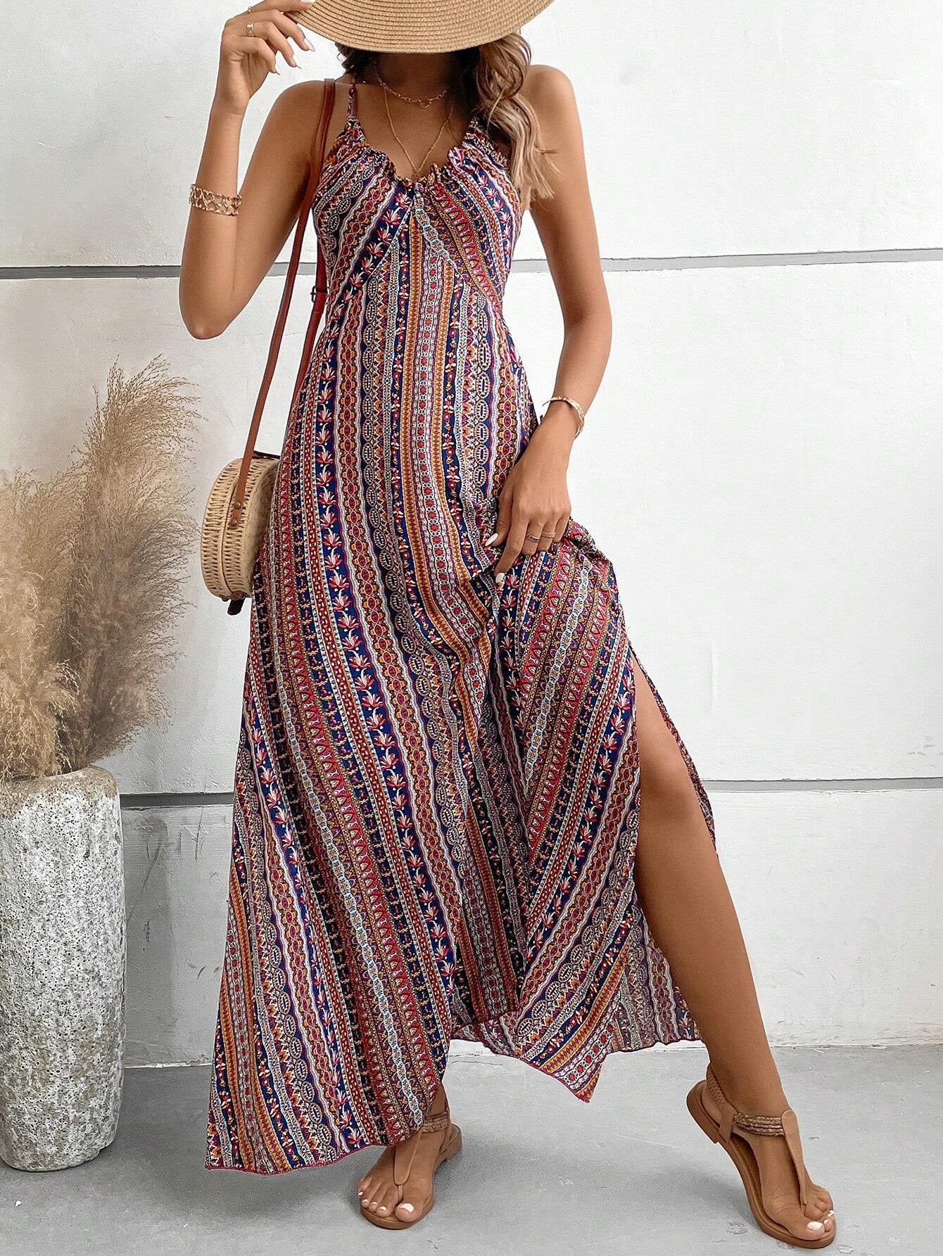 Women's Suspenders Printed Beach Slit High Waist Dress