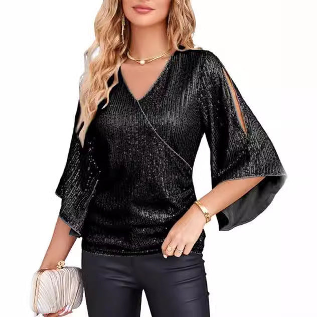 Women's Sequined Flare Sleeve Slim Fit Glitter Blouses