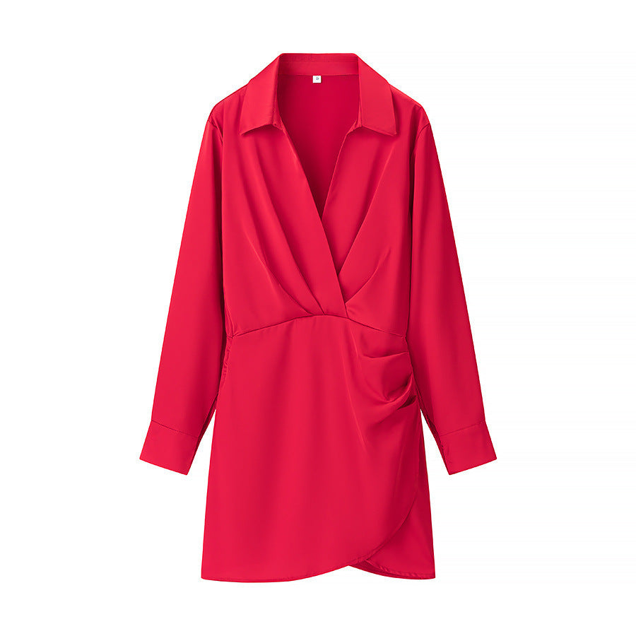 Side Wrinkle Dress Shirt Style Long Sleeve High Dresses
