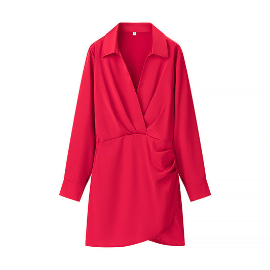 Side Wrinkle Dress Shirt Style Long Sleeve High Dresses