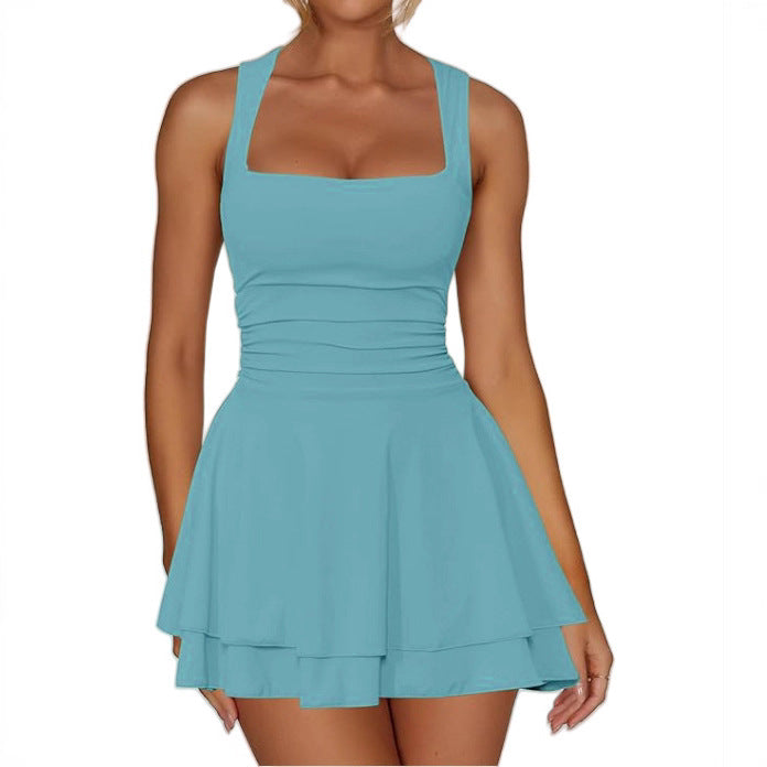 Women's Square Collar Waist Pleated Hem Mini Dress