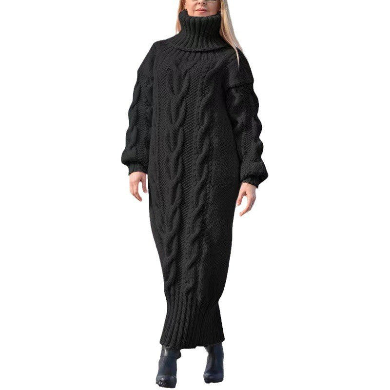 Women's Long High Collar Loose Twist Solid Knitwear