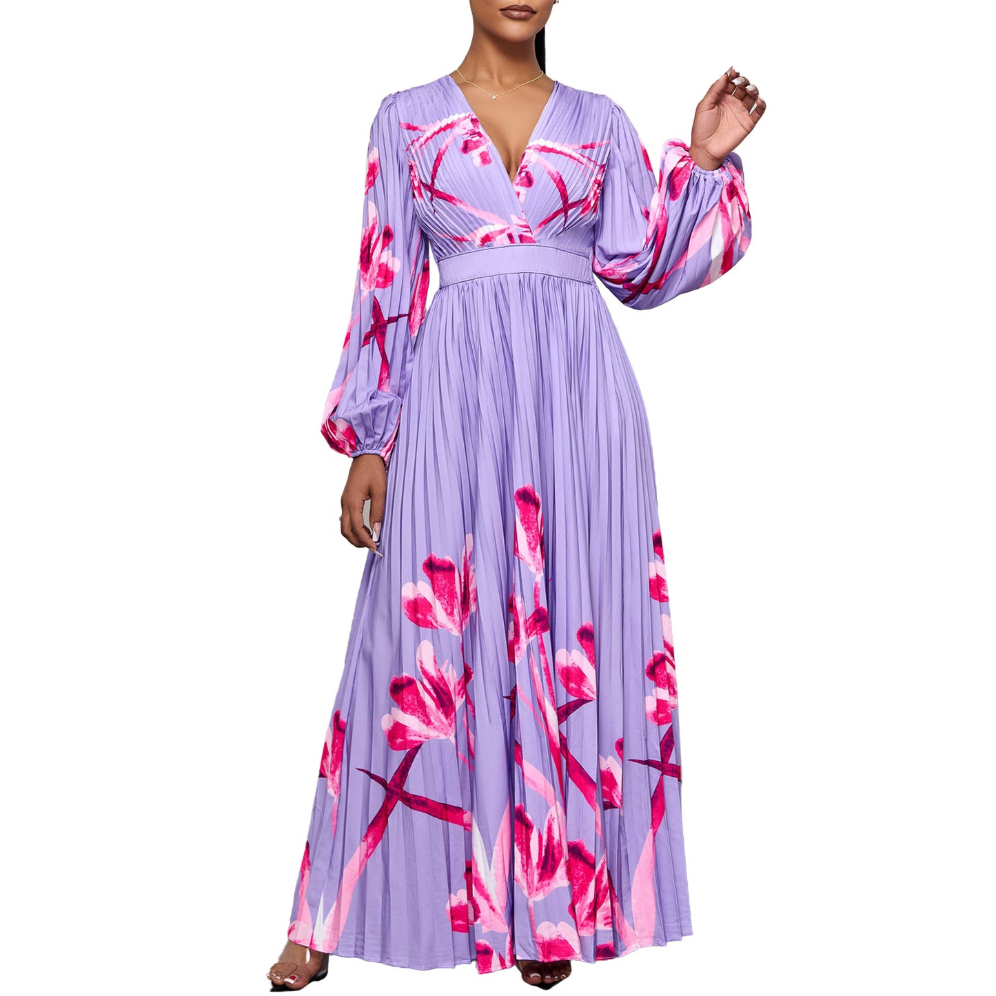 Women's Slimming Long Sleeves Printed Pleated Temperament Dress