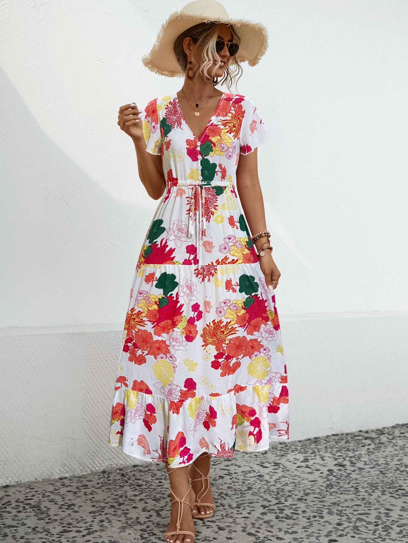 Casual Sleeve Flower Print Button Long Dress