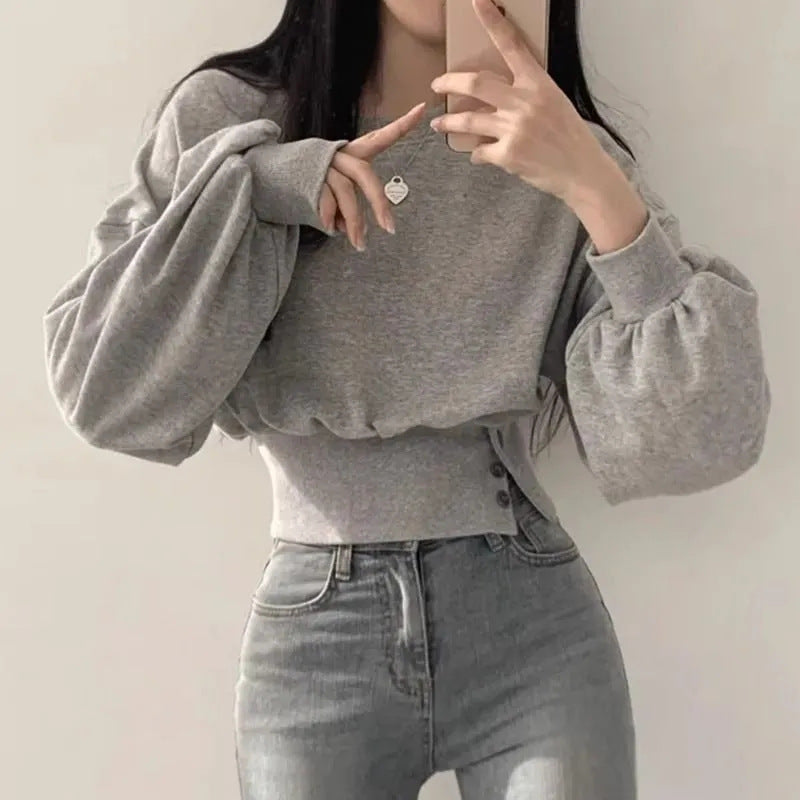 Women's Korean Round Neck Buckle Waist Slimming Women's Sweater, Sweater