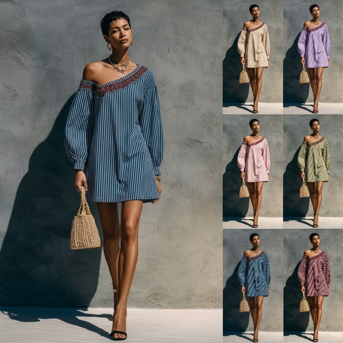 Women's Striped Long Sleeve Embroidered Minimalist Mini Dress