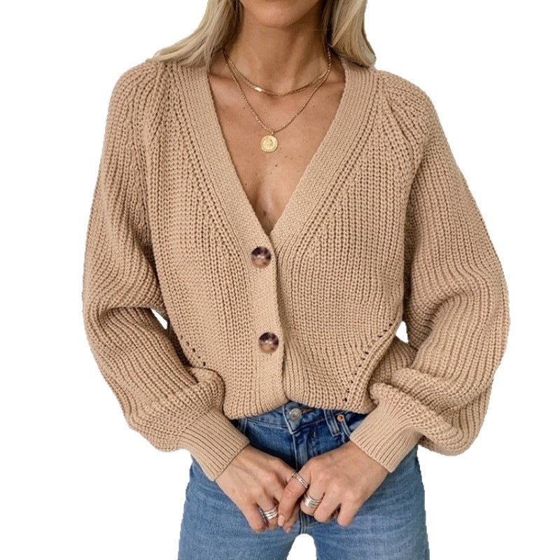 Women's Large Lantern Sleeve Solid Color Knitted Sweater