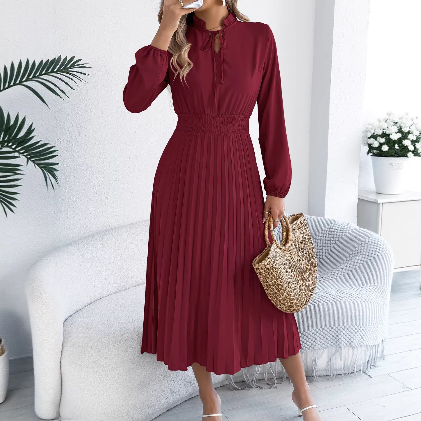 Women's Elegant Lantern Sleeve Long Pleated Clothing