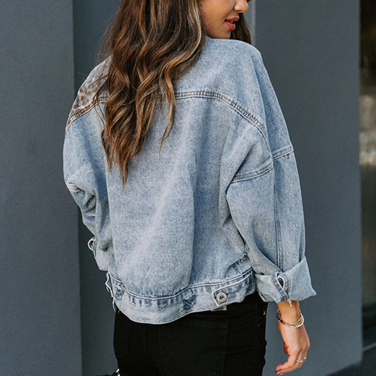 Women's Denim Long Sleeve Leopard Splicing Coats