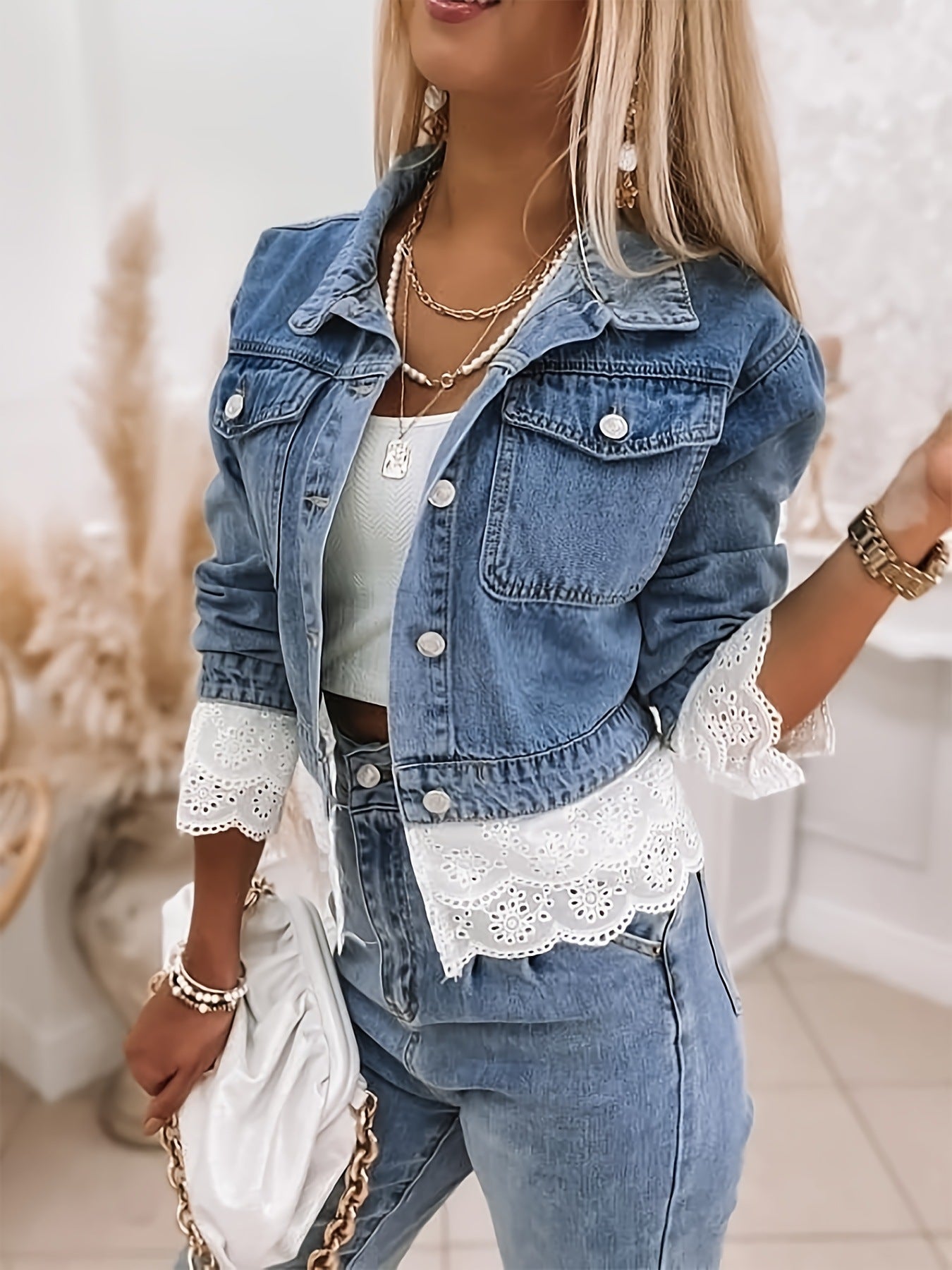 Women's Elastic Cuff Hem Lace Long-sleeved Denim Coats